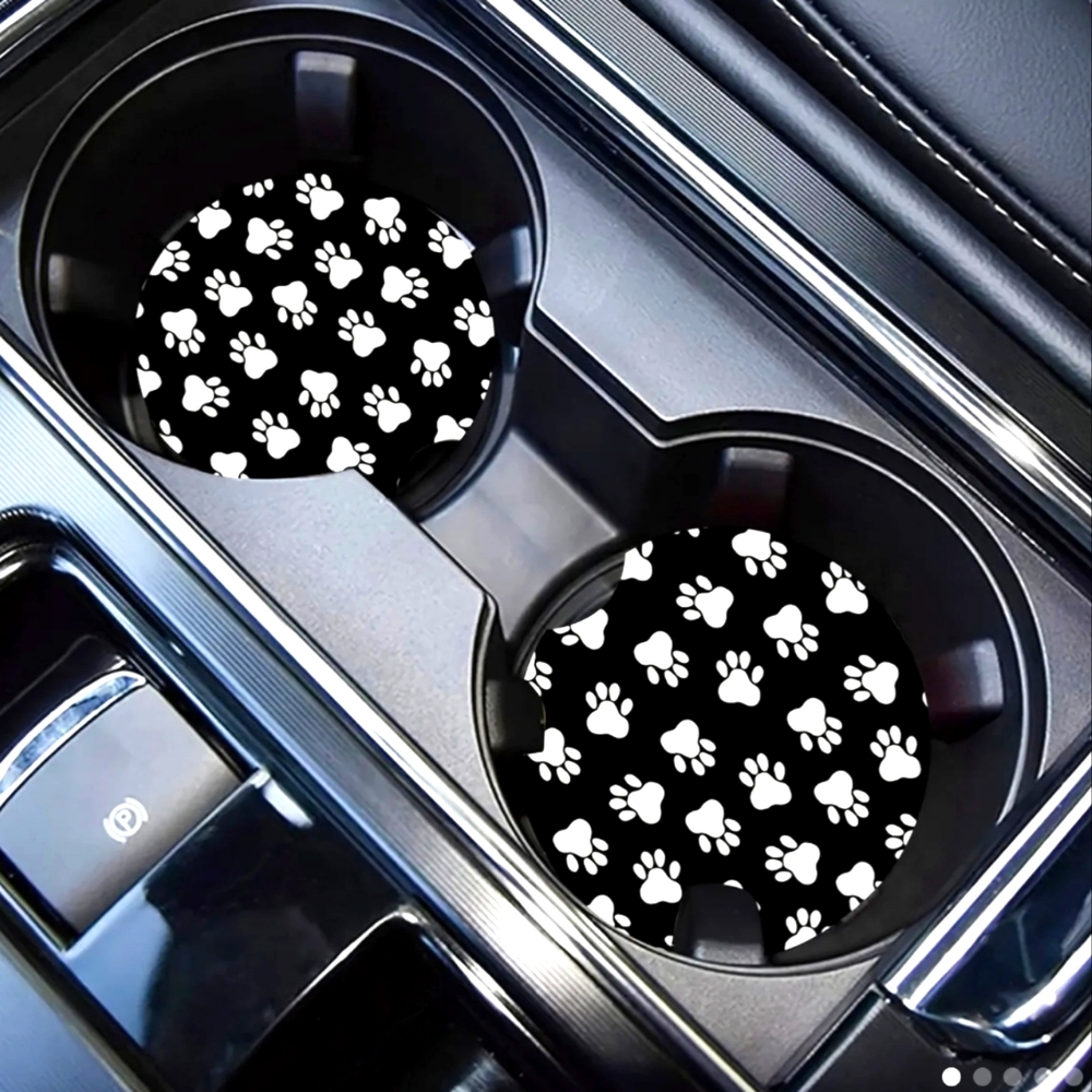 New 2 Piece Set:  Black and White Dog Paws Car Coasters